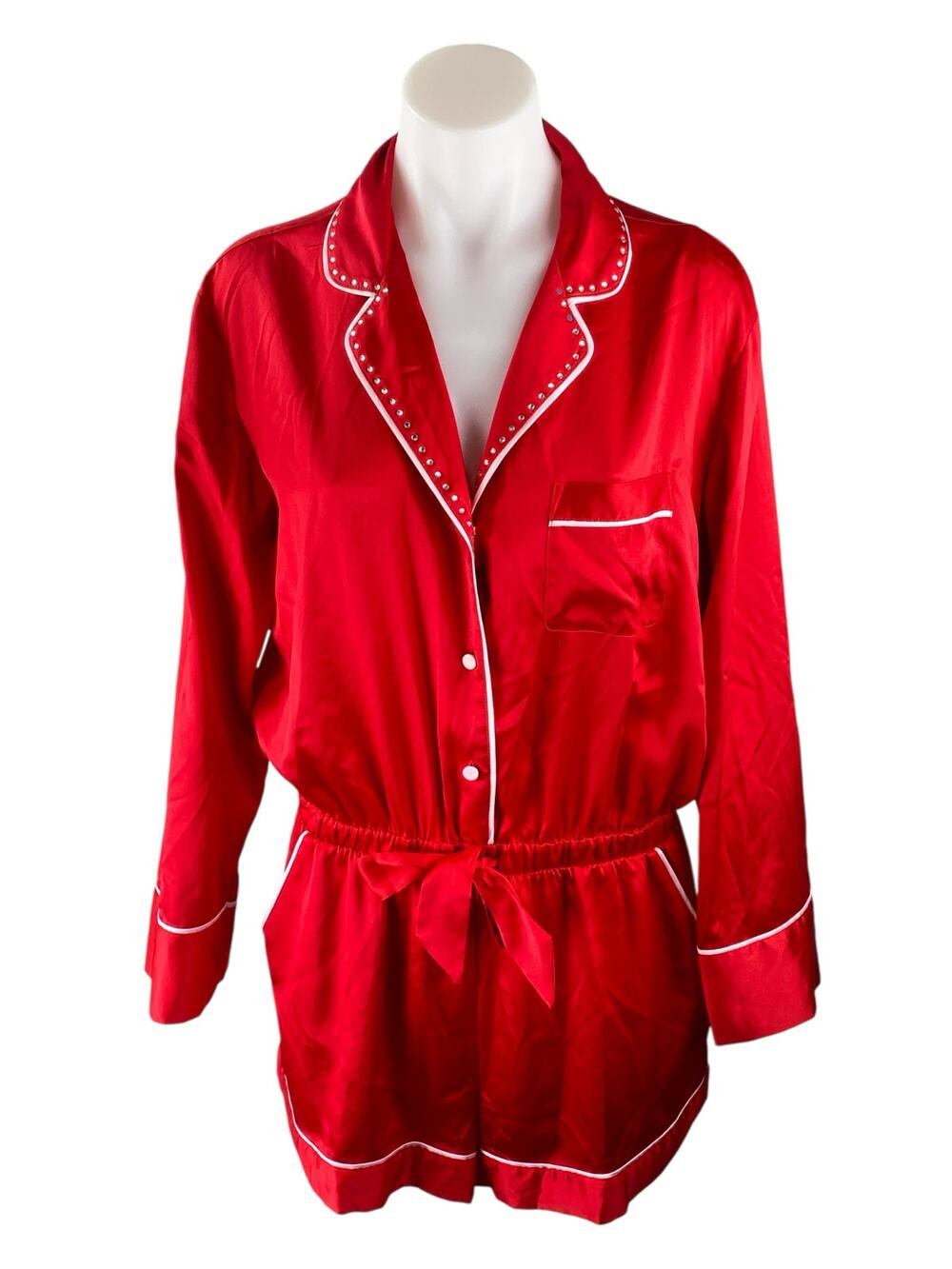 Victoria Secret Silky Satin Rhinestone Long Sleeve Short Pajama Sleepwear Set M